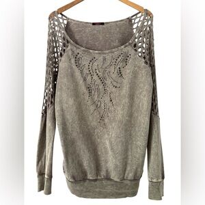 Tea Party off Shoulder Crochet Sleeve Sweatshirt EUC